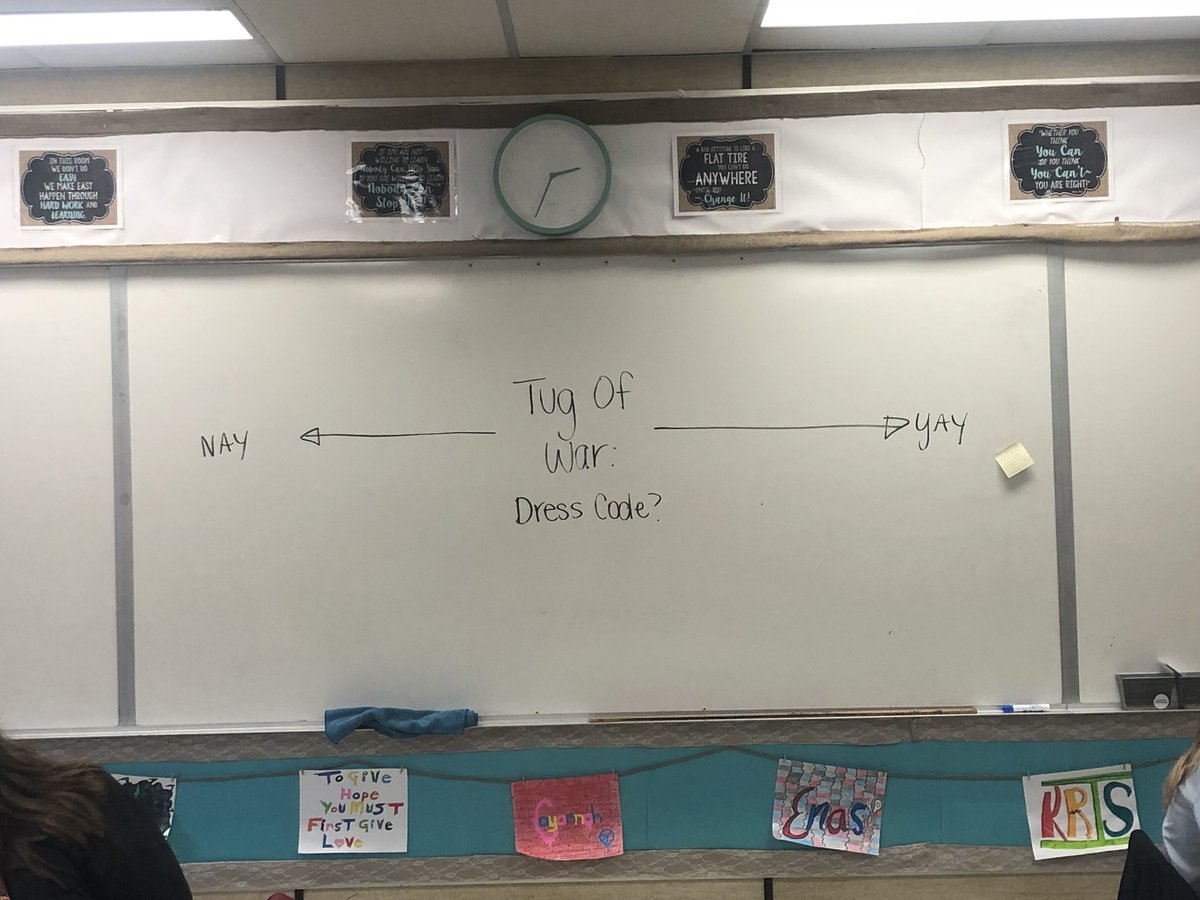 misshacksclass's tweet photo. Did an interactive “tug of war” today. Majority disagree with having a dress code, however both sides raised some valid points. What are your thoughts?? #learningtogether #engagedcitizens https://t.co/DrMHmIZ1xK