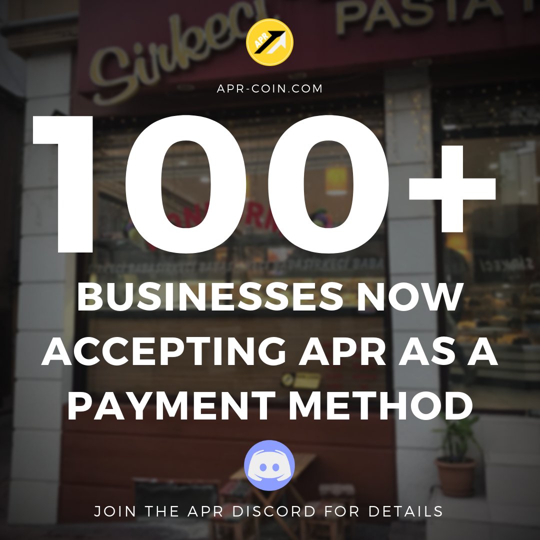 100+ Businesses are Now Accepting APR Coin as a Payment Method!

Details available in the "APR Accepted Here" Discord Channel:
discord.gg/3VXppkp 

If you have a business ready to accept APR Coin as a payment method, fill out the Bounty form today: goo.gl/forms/yujiGREr…