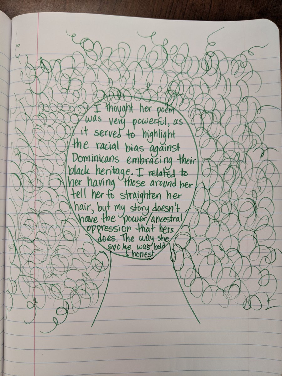 mepesek's tweet photo. I am LOVING seeing how my Ss respond in their notebooks. This one is a response to @AcevedoWrites's spoken word poem, "Hair." Great, unprompted visual to tie in the ideas. Lots of love here at #allenacademy for this poem and poet. #AAEngLang #readthinksketch https://t.co/K91YGpgUrL