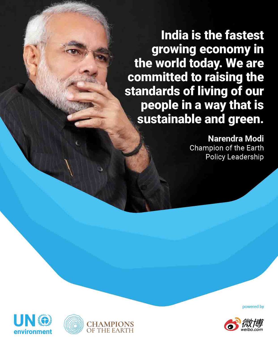 UNEP's tweet photo. Indian 🇮🇳 Prime Minister @narendramodi is a Champion of the Earth for his bold environmental leadership on the global stage: https://t.co/acCZzqEAlc #EarthChamps #BeatPlasticPollution https://t.co/gxIL4ZrrSY