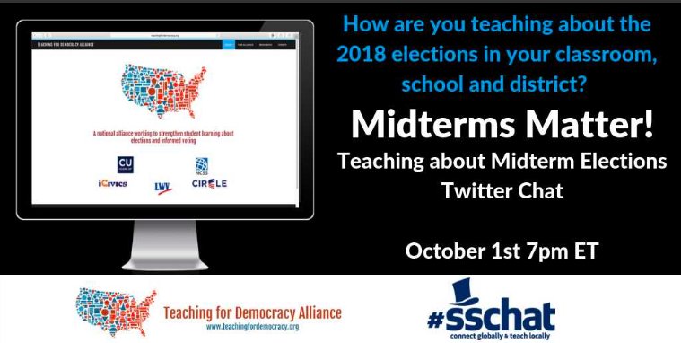 NewsHourExtra's tweet photo. Join #sschat Mon. 10/1, 7pm ET to talk Midterm Elections!

Host @vicpasquantonio and 10 Teaching for Democracy Alliance civics orgs: @CivicYouth @facinghistory @icivics @procon_org @Reagan_Library  @MediaLiteracyEd @gencitizen @CloseUp_DC @MikvaChallenge @NewsHourExtra...and YOU! https://t.co/4pSb1ZykSR
