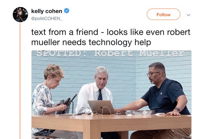 appleinsider's tweet photo. Robert #Mueller spotted at #AppleStore #GeniusBar appointment https://t.co/Fhk4gnPoba https://t.co/cQiZ0yqmMq