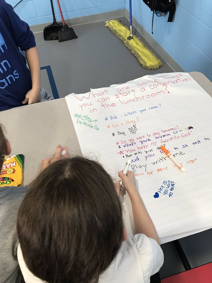 staceylmessier's tweet photo. Conversation starters were a hit in the lunchroom today. It was awesome to hear their own thoughts on how to start a conversation at lunch. #StartWithHello #studentvoice #lunchroomlearning
#HennesseyRising 

@lnreilly https://t.co/eqcYaG3jzv