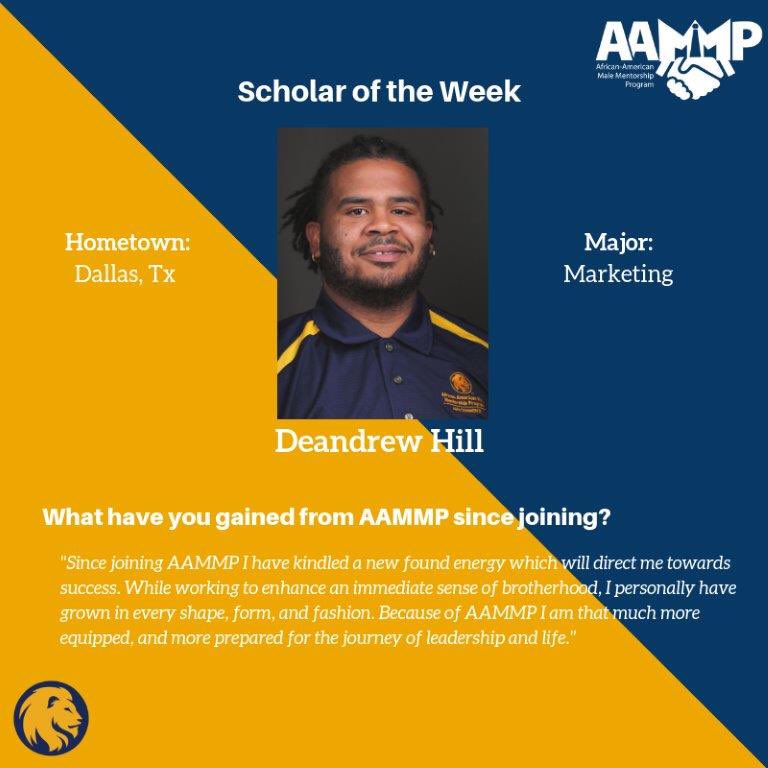 TAMUCAAMMP's tweet photo. Introducing Dante Carheel and DeAndrew Hill as our Mentor and Scholar of the week. These gentlemen have exemplified what it means to lead and truly grow through Mentorship by being apart of AAMMP.  Help us celebrate them! #TAMUC #Scholarsoftheweek #AAMMP https://t.co/d6lGc5TUUS