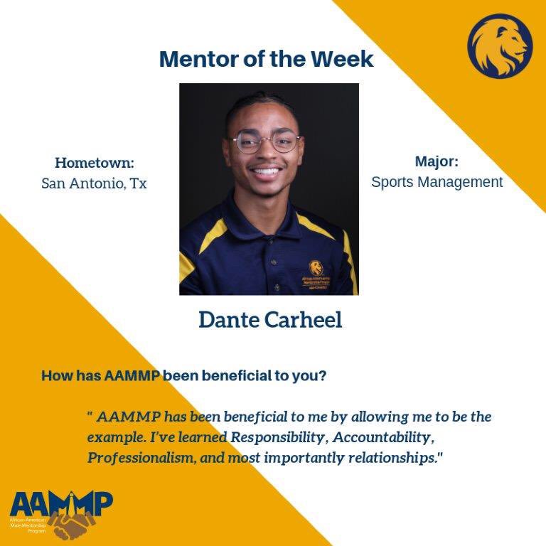 TAMUCAAMMP's tweet photo. Introducing Dante Carheel and DeAndrew Hill as our Mentor and Scholar of the week. These gentlemen have exemplified what it means to lead and truly grow through Mentorship by being apart of AAMMP.  Help us celebrate them! #TAMUC #Scholarsoftheweek #AAMMP https://t.co/d6lGc5TUUS