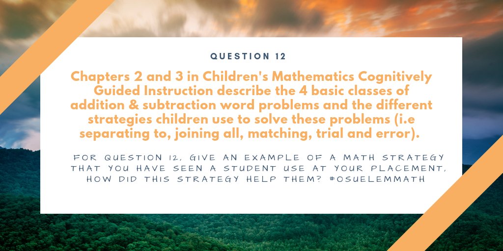 TeachWithMissA's tweet photo. Q12: In chapters 2 and 3 from CGI the strategies children use to help them solve addition and subtraction problems were discussed give one example of a time you have witnessed a child using a math strategy to solve a problem, how did this strategy help them? #OSUElemMath https://t.co/TUlyhEjq3D