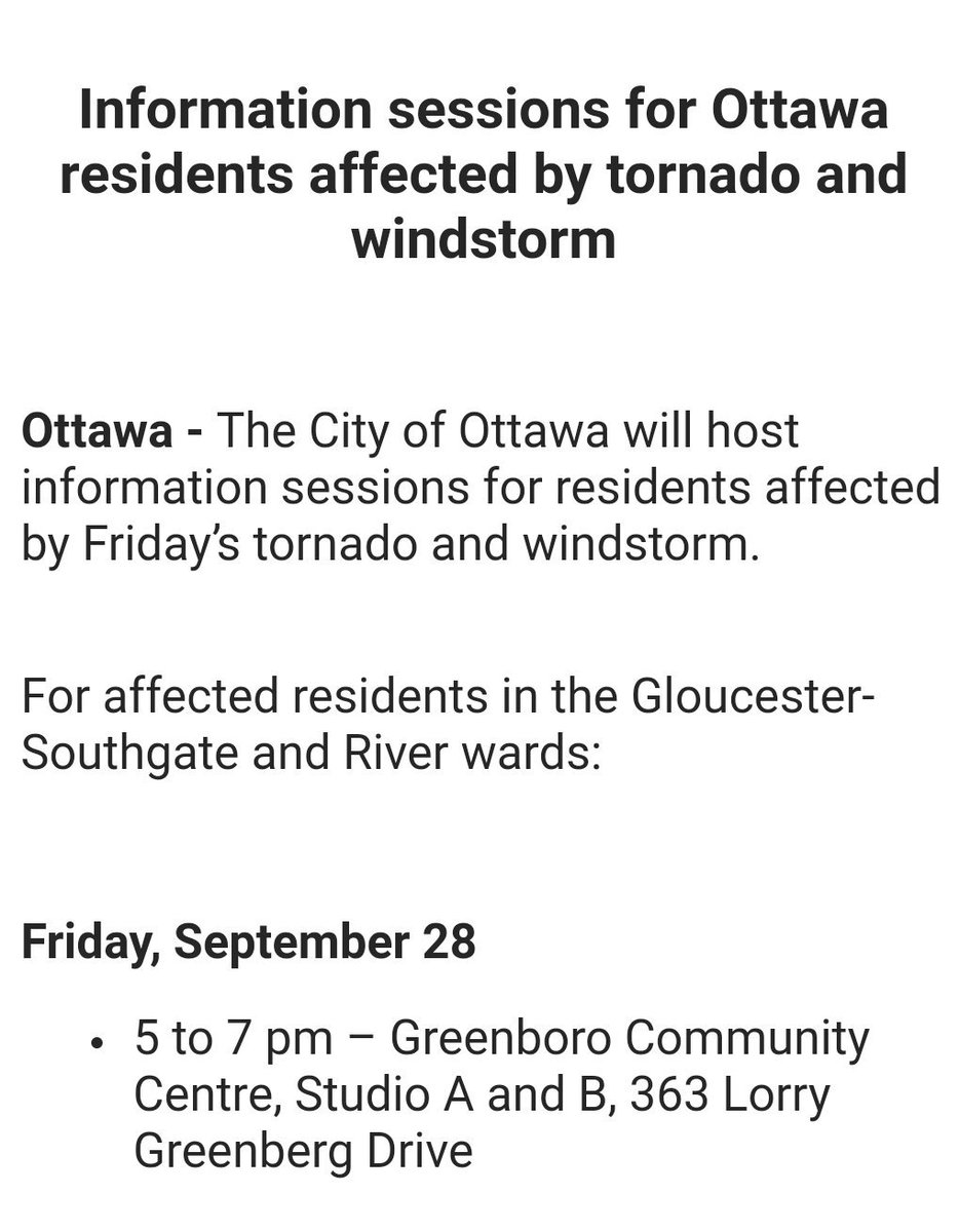 The city is hosting an info session for #ottawasouth tornado victims this Friday at the Greenboro CC.