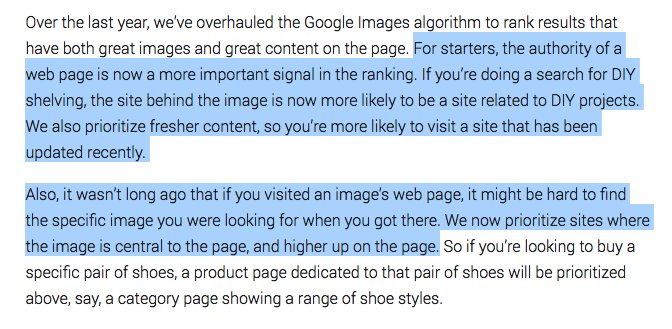 CyrusShepard's tweet image. Two announced changes to Google's Image Search Algorithm:
1) Authority/Topical Relevance of webpage is a bigger ranking factor
2) Sites where "image is central to the page, and higher up on the page" are prioritized
blog.google/products/searc…