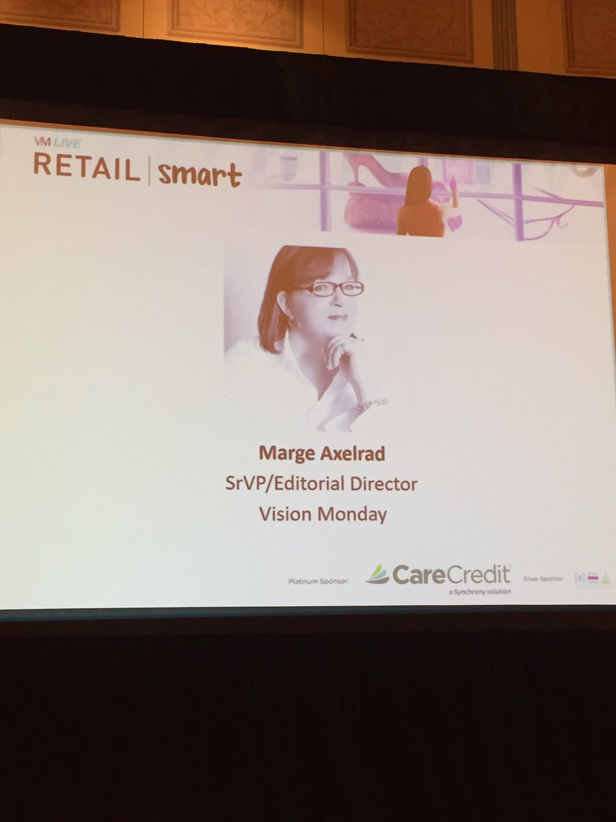 VisionMonday's tweet photo. Marge Axelrad, srVP/editorial director of Vision Monday opens today's #VMLIVE event, #RetailSmart. https://t.co/Q3HO8urF2w