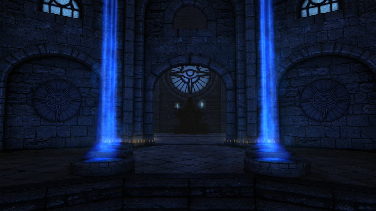 Nool78's tweet photo. Here's the entryway of the house! The magical beams serve to guide the player to move from room to room through their path. Meanwhile, the statue with the ice crystals is meant to direct the player to different tower levels (the right stairway is emphasized with the big crystal). https://t.co/cHXZnKKRzg