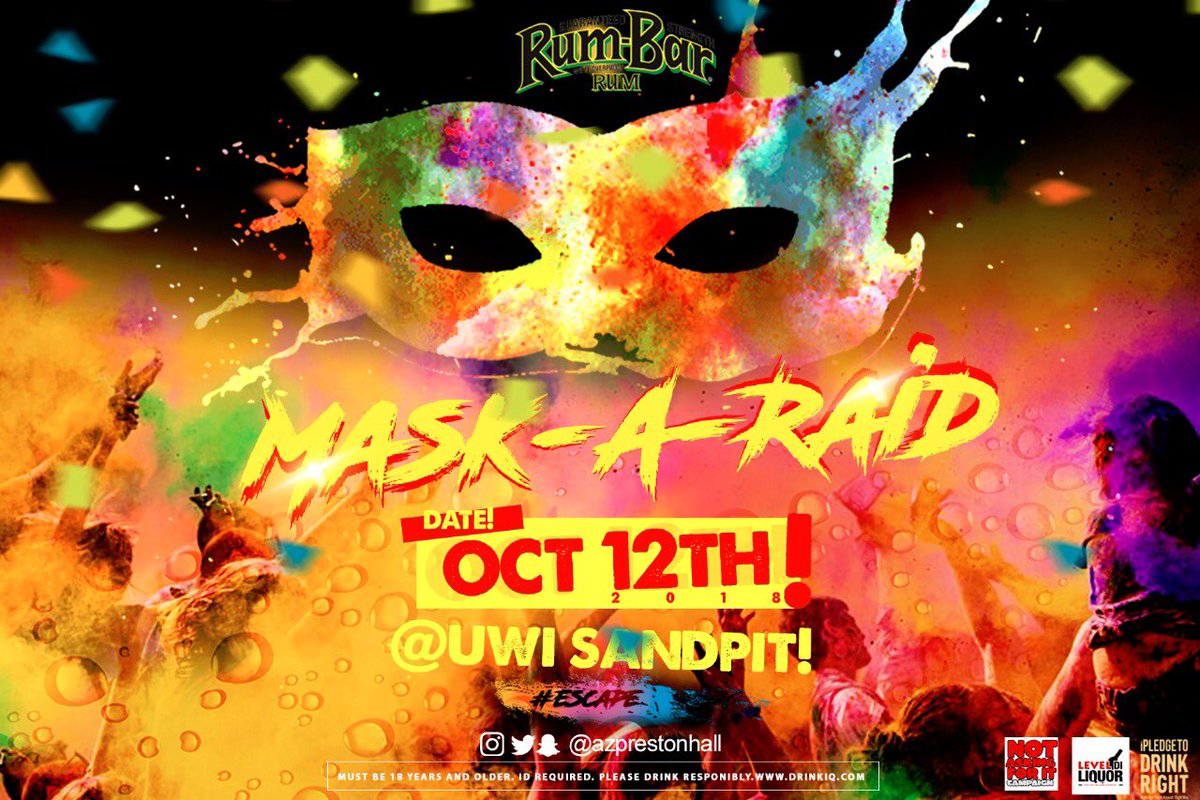 AZPrestonHall's tweet photo. Your escape to paradise awaits you. ๐ฆ Get your Mask-A-Raid tickets and join us for the experience of a lifetime at UWI Sandpit on October 12 ๐ฆ๐ญ
๐Early Bird Tickets $600
๐Presold $800
๐At the gate $1200
๐VIP $2500
#LetsEscape
#MaskARaid12
#MREscape
#MaskARaidOct12 https://t.co/1lnn78EVSd