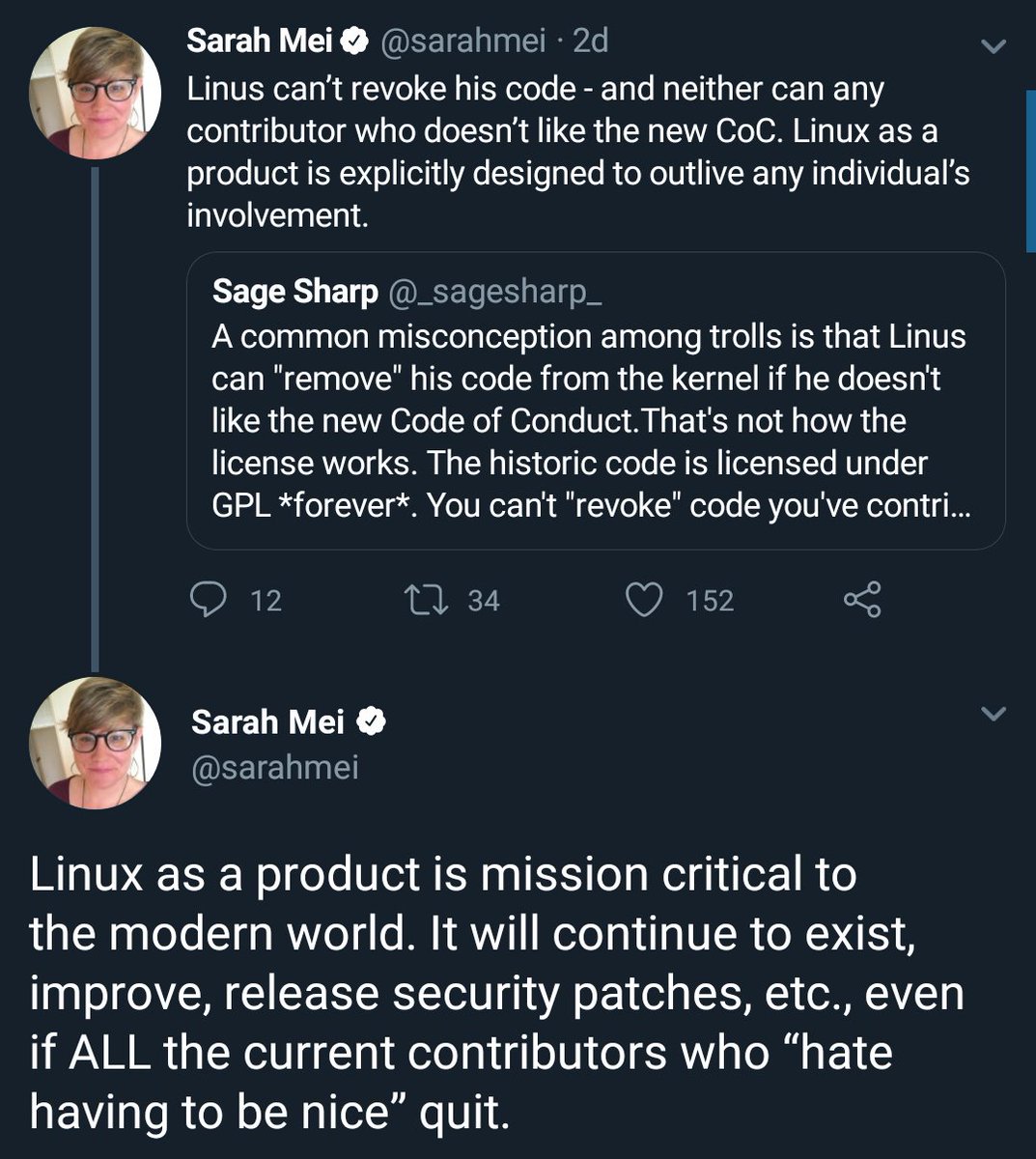 realDinoHammer's tweet photo. "Separating the product from the people is critical"
Why are you care so much about the behavior of the contributors then? Why do you support a CoC that regulates what the 'people' do even when they're NOT coding.
You're contradicting yourself.
#CoCblock #Linux https://t.co/BxkvFN2p8M