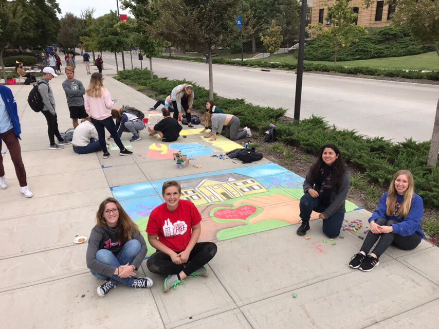 KUMillerHall's tweet photo. Miller ladies had a blast creating our original Chalk ‘n Rock murals on Jayhawk Boulevard! https://t.co/rLBpobc36t