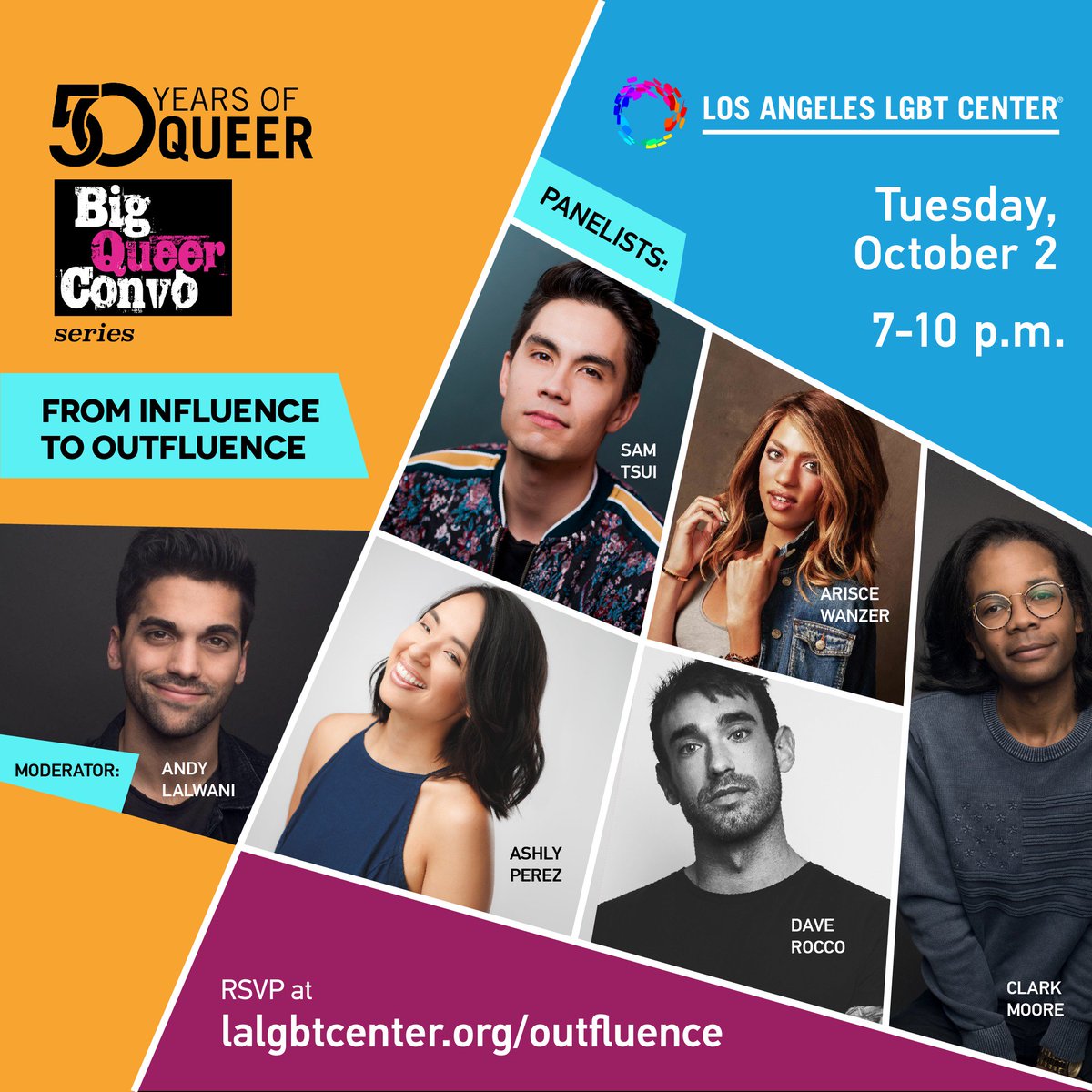 LALGBTCenter's tweet photo. Join us on 10/2 for our “From Influence to OUTfluence” event where we will talk about the inclusion of and visibility of LGBT people in the rapidly changing landscape of today's entertainment media. Best part – IT’S FREE! Get your tickets at https://t.co/PvjRK2j8dl . #OUTfluence https://t.co/V2vGppo1pC