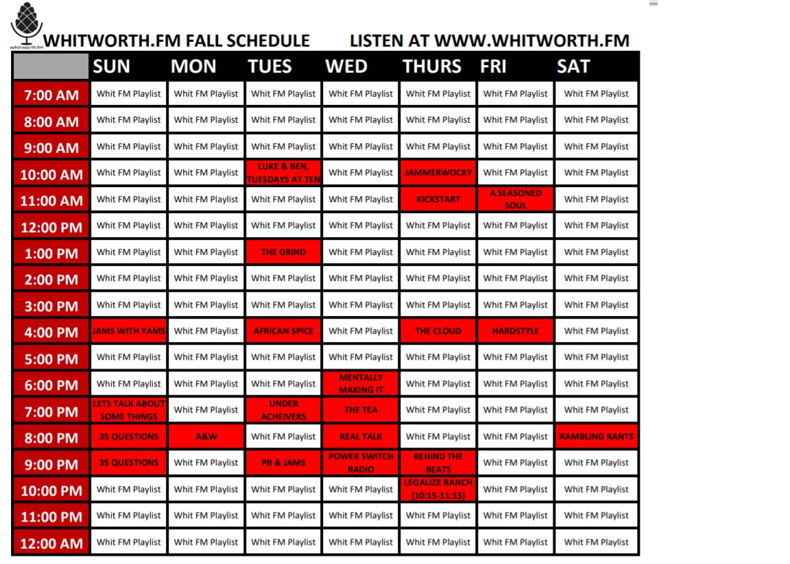 WhitworthFM's tweet photo. Here is our https://t.co/t2jzSZDN6y schedule for the 2018 Fall semester! We have 21 shows so far so don't forget to always check out what is on the air! https://t.co/lIoaSEdChH