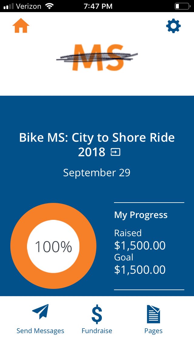 MS is a disease that effects far too many of our friends and family. With the help from all of you I will be riding 100 miles on Saturday in support of all that struggle with this every day and all of those who have lost this unfortunate battle. Thank you thank you thank you!!!!