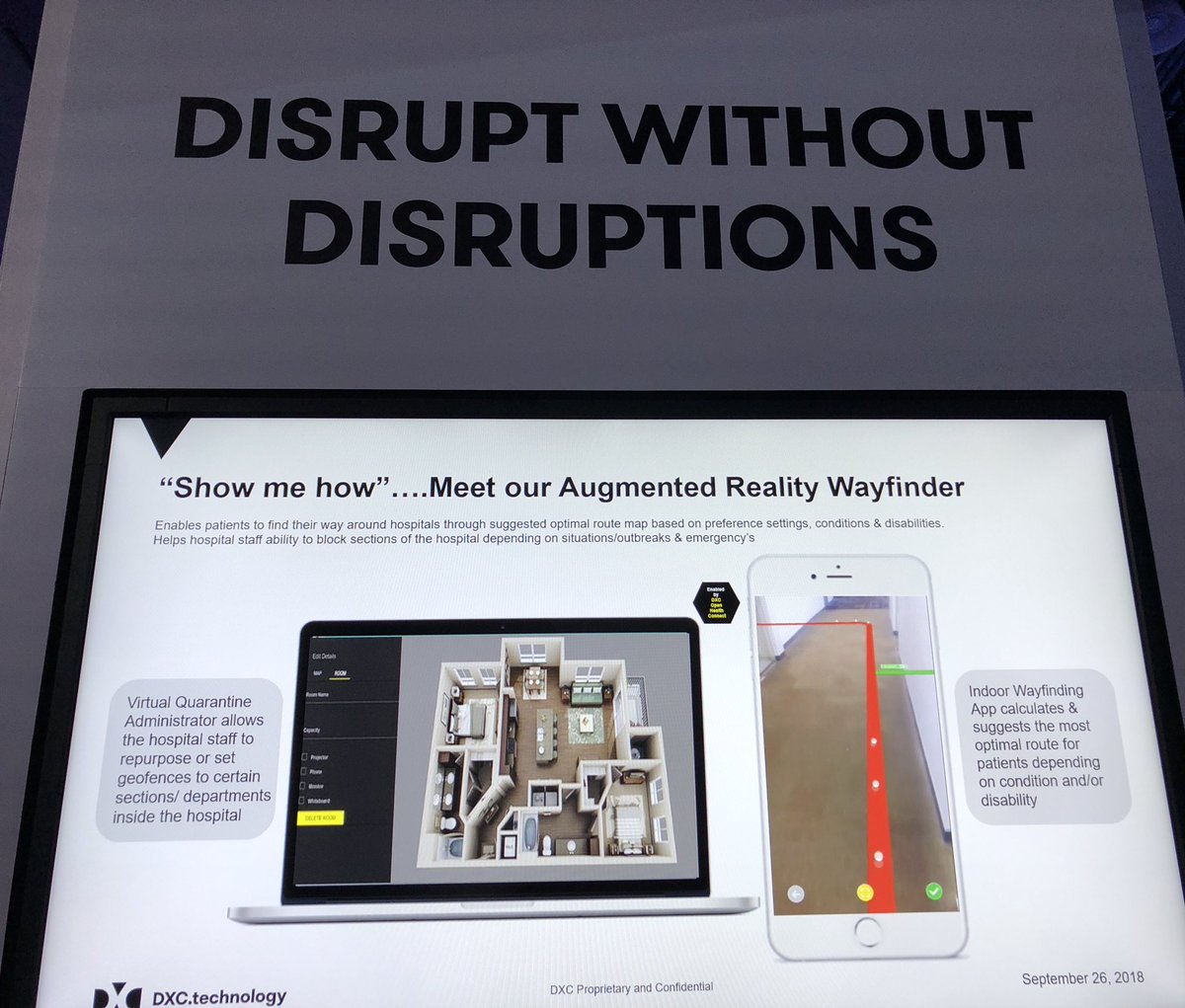 pritampotnis's tweet photo. Show me the way! Augmented Reality helping patients get to their appointments faster #FHIRAPIs #AugmentedReality #DXCPARTNER #AttBizSummit @DXCTechnology https://t.co/kwWI4R3uKQ