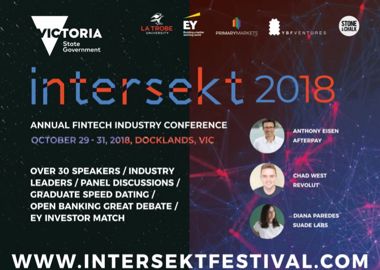 ausfintech's tweet photo. Australia’s largest #FinTech festival, the 2018 Annual FinTech Industry Conference - @IntersektFest is on next month in #Melbourne!
This is an event not to be missed, with leading international, national and local speakers.
Find out more @ https://t.co/xhnyR2vkPq https://t.co/q3dhFQbRci