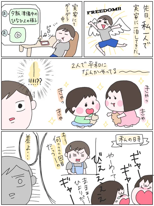 これはですね、夫も同じ思い味わってよムキーッ‼️的な思いは1㎜もないし、むしろ一人で出掛ける時の後ろめたさが減るからそれはそれで良いと思ってる。が、単純にこの差はなぜなのか。
平和に過ごせるように色々考えて接してるんだけどなぁ😂😭
#育児漫画 #育児日記 #ひなひよ日記 