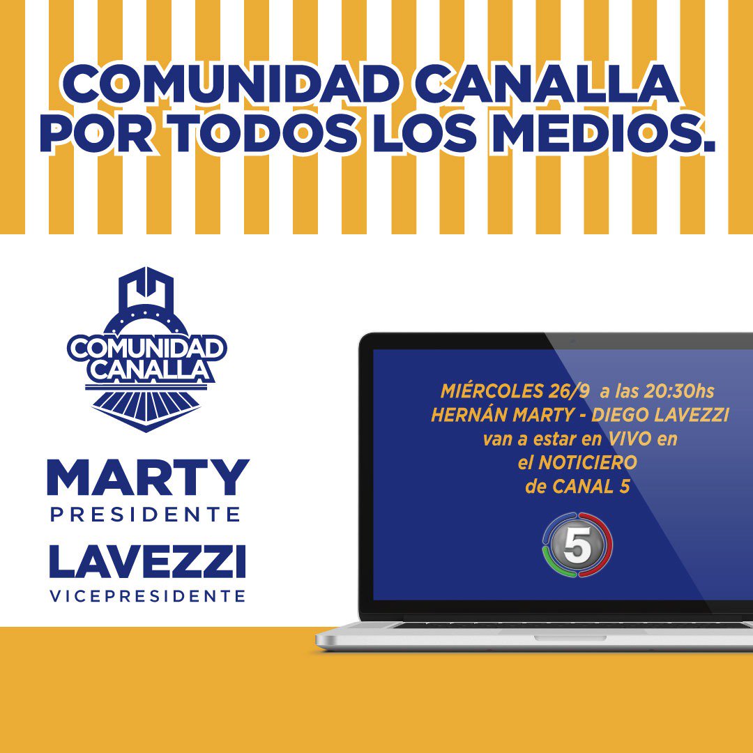 ComCanallaOk's tweet photo. En instantes nuestros candidatos Hernán Marty y Diego Lavezzi estarán en Telefé Noticias, por Canal 5 de Rosario.

#ComunidadCanalla 
#VamosPorLaGloria 
#RosarioCentral https://t.co/fRLxwDdkr4