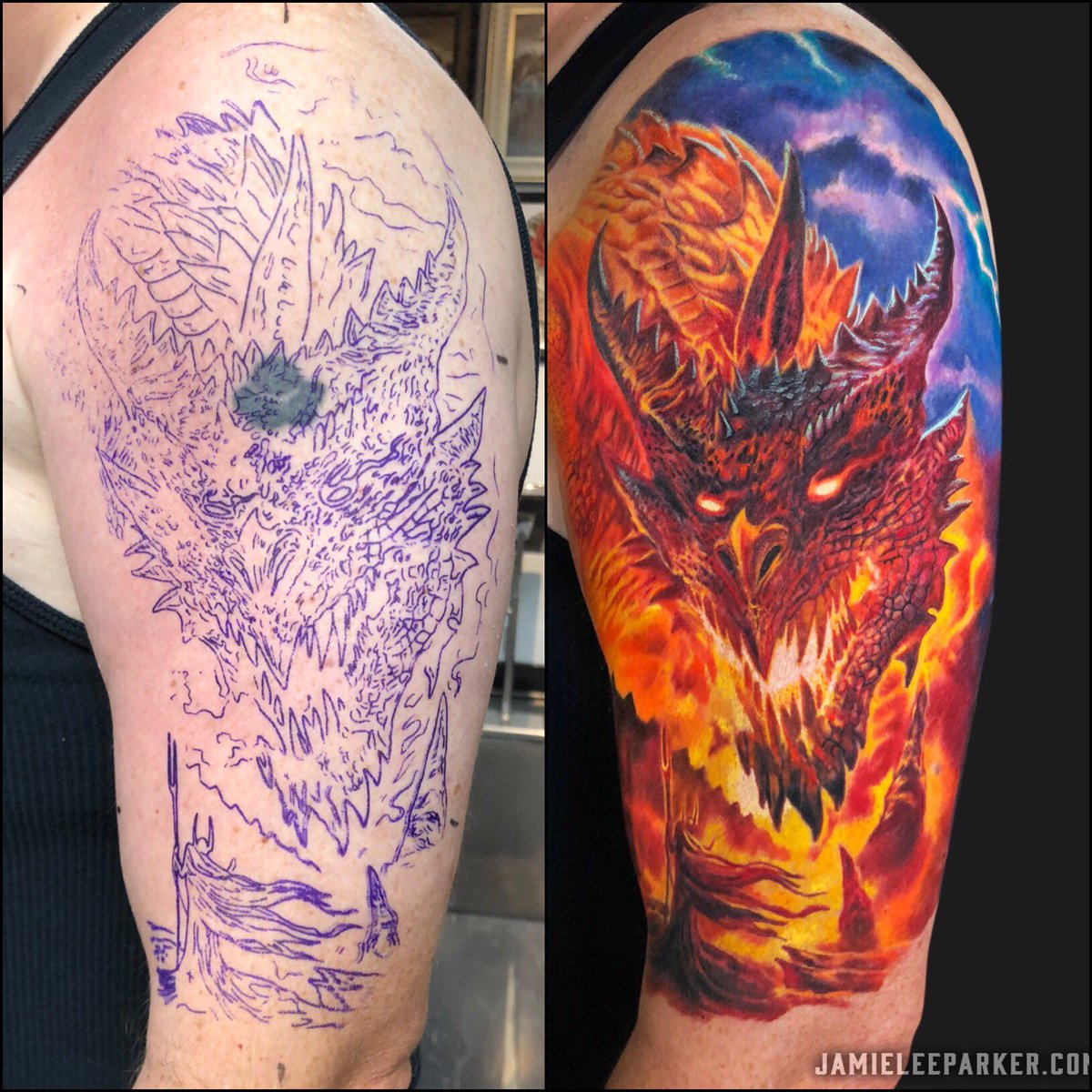 Covered up a small old tattoo with this new one. I think it’s a little better. What do you think? #inkmaster #dragontattoo #inkmasterseason11 #colortattoo #dungeonsanddragons