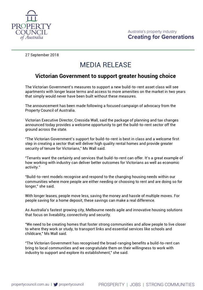 PropCouncil_VIC's tweet photo. The @propertycouncil welcomes the @VicGovtNews support for build-to-rent in Victoria. A welcome first step to deliver high quality rental homes and greater security of tenure. https://t.co/HotXfNWJ7P