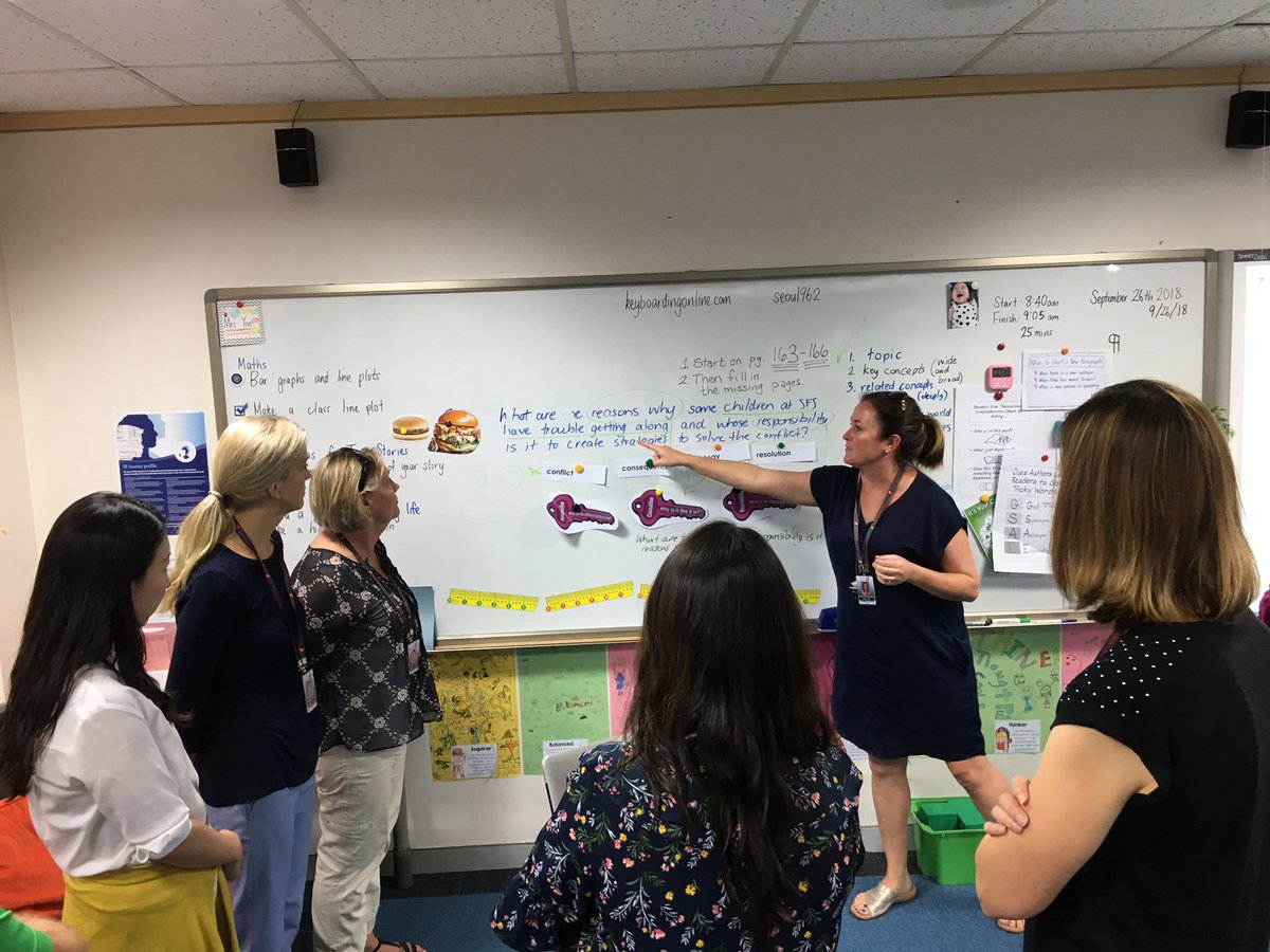 TheDeborahChu's tweet photo. @KatherineMBaird leading a quick walk through of the process for students to create juicy research questions for a #pypunitofinquiry in a G3 classroom #keyconcepts #SFSlearns #seoulforeignelementary https://t.co/kQsGXOyIu0
