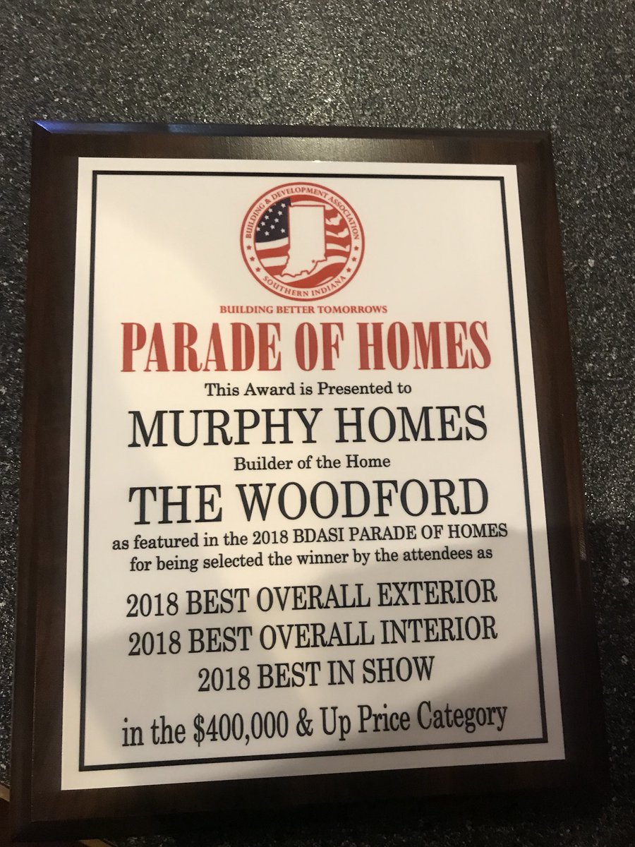 MurphyHomesIN's tweet photo. Congratulations  to the team of Murphy Homes for BDASI Parade of Homes “Best Of” award! 🏆
#murphyhomessouthernin #bdasiparadeofhomes2018 #dreamhome #customhome https://t.co/jCtY4EZScj
