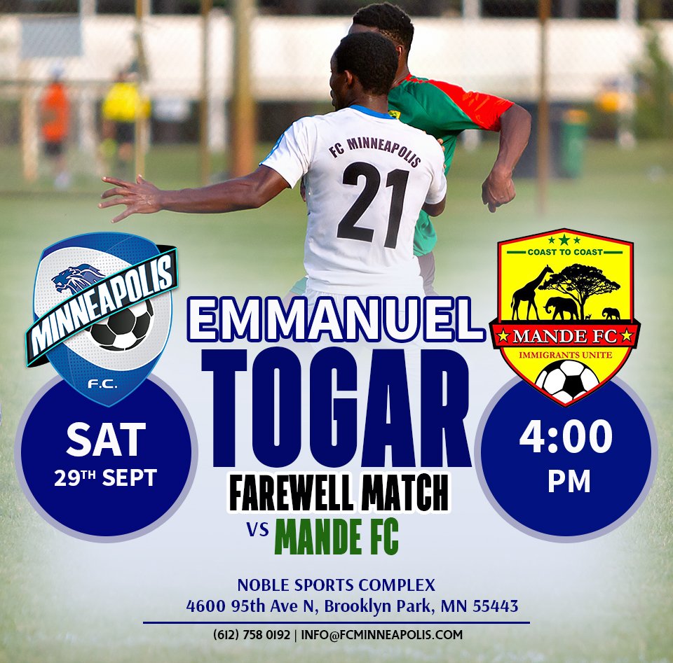 FCMinneapolis's tweet photo. 🤗🤗🤗 Farewell Emmanuel Togar!
Join us this Saturday at the Noble Sports Complex as we send off @EmmanuelTogar to Portugal in a friendly match versus Mande FC at 4:00pm.
#FCMinneapolis #EmmanuelTogar #ProSoccerPathway https://t.co/10iblhPc43