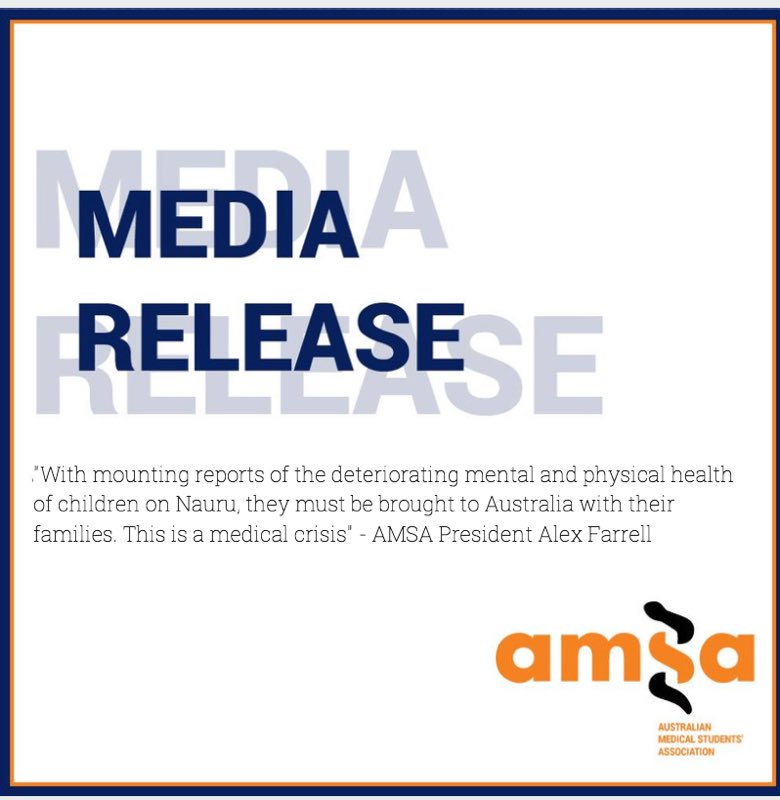 yourAMSA's tweet image. MEDIA RELEASE: Australia’s future doctors stand with the medical community for the removal of children from Nauru, joining the @RACGP @TheRACP @acemonline @ama_media #doctorsforasylumseekers @GuardianAus @abcnews @theage @SBS @australian 
Read here:
amsa.co/2OPPZDW