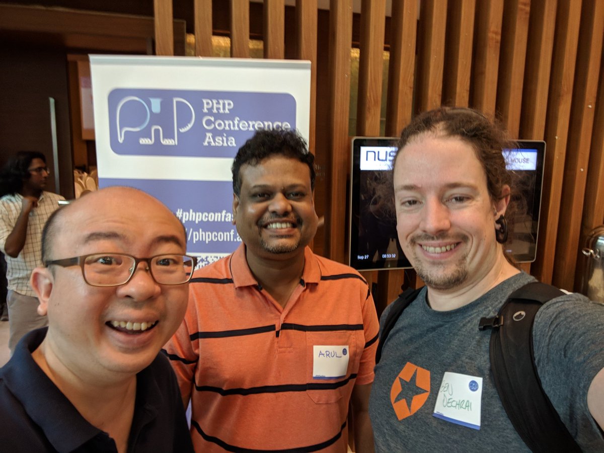 bendechrai's tweet image. Obligatory selfie with #PHPConfAsia organiser @coderkungfu, and another conference presenter, Arul. Thanks for all the hard work required to pull off another fantastic event! ❤️