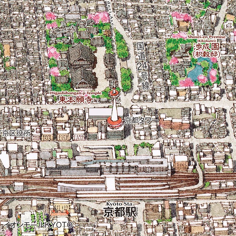 株式会社ジェオ Geo パノラマ京都 春 は平安京由来の碁盤の目の整然とした京都 の街の様子を実感できる仕上がりとなっております 絵地図の特徴として 街並み景観が立体的に描かれており 一目で街並み全域を把握できます 詳しくは T Co