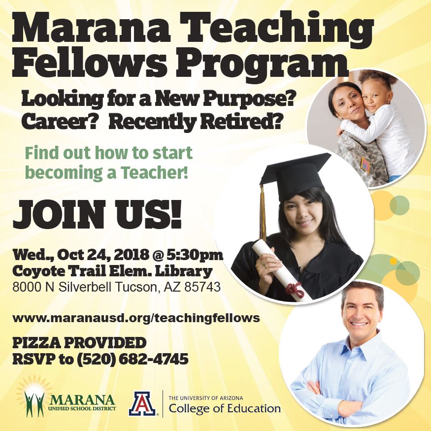 MaranaSchools's tweet photo. #maranaschools Teaching Fellows is seeking energetic people interested in becoming a teacher! Whether in school, retired, or looking for a new career, if you want to inspire &amp;, motivate students, this is the career for you! Special meeting Oct. 24 info at https://t.co/T4fY4n4KCo https://t.co/xeQAxg4fVl