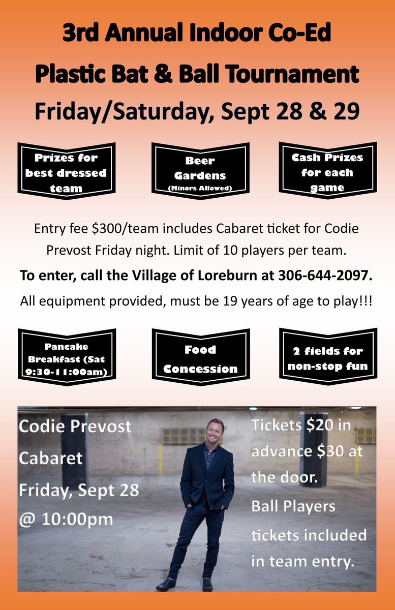 codieprevost's tweet photo. Can’t wait to perform for the fine folks of #Loreburn at their 3rd Annual Bat &amp; Ball Tournament Cabaret Friday night. Hope to see you there. It’s gonna be #AllKindsOfCrazy . #LoreburnSK #Sask #SmalltownPartysRock https://t.co/oz0yQYLL4w