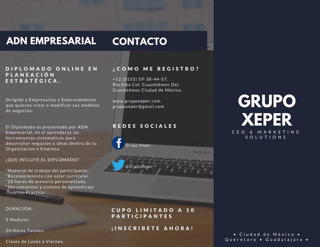 Grupo Xeper y ADN Empresarial te invitan al Diplomado Online en Planeación Estratégica.

Conviertete en un líder estratégico tomando decisiones funcionales con base en los objetivos de tu organización o empresa.

Teléfono: (0155) 59-38-44-57.
Horario de callcenter: 8:00  a 20:00