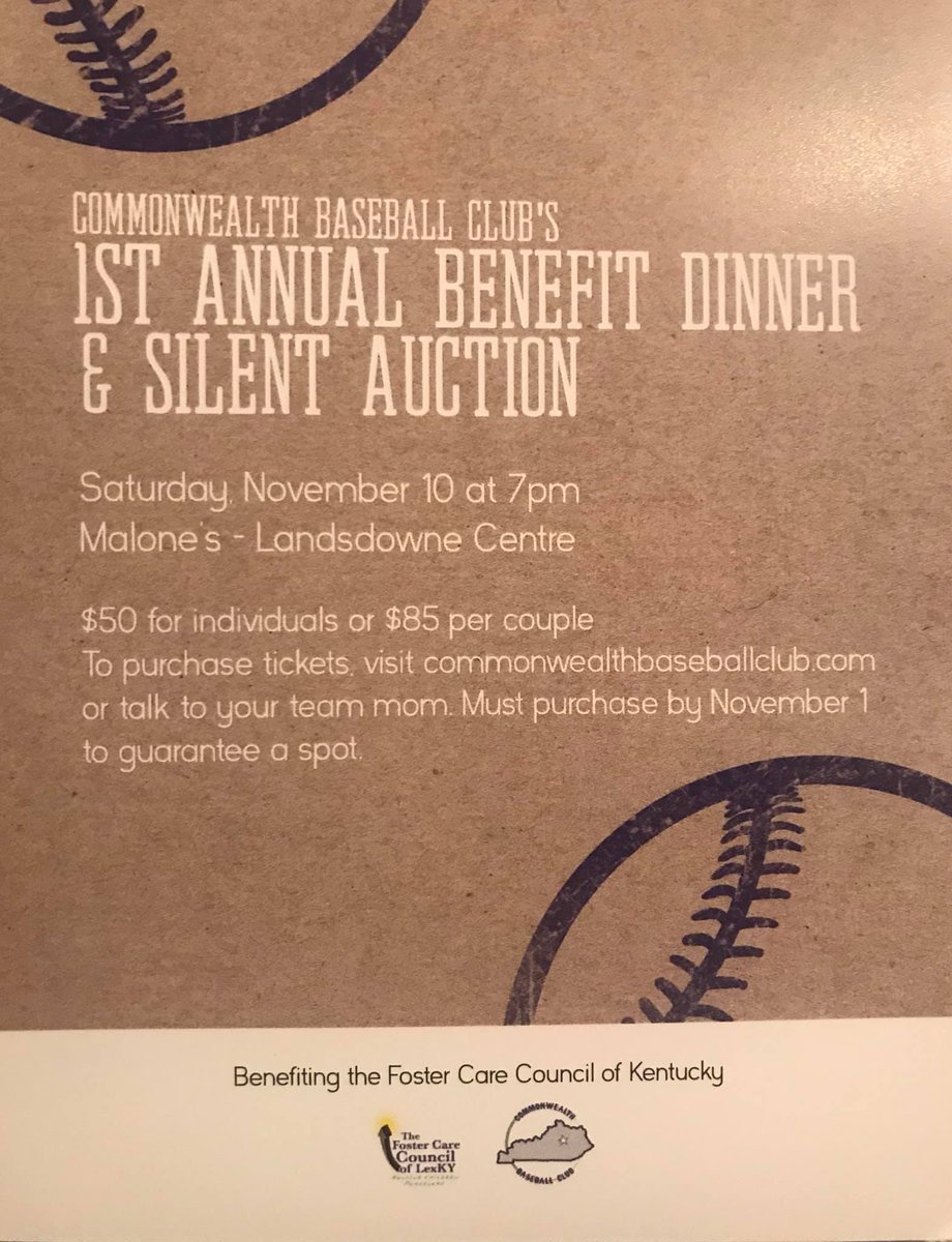 Our very first fundraiser will be November 10th at 6:30pm at Malone’s Banquets. Tons of silent auction items, great food and music! This will benefit CBC players, and also Childcare Council of KY. 
Purchase your tickets online at:
commonwealthbaseballclub.com/2018-fundraiser