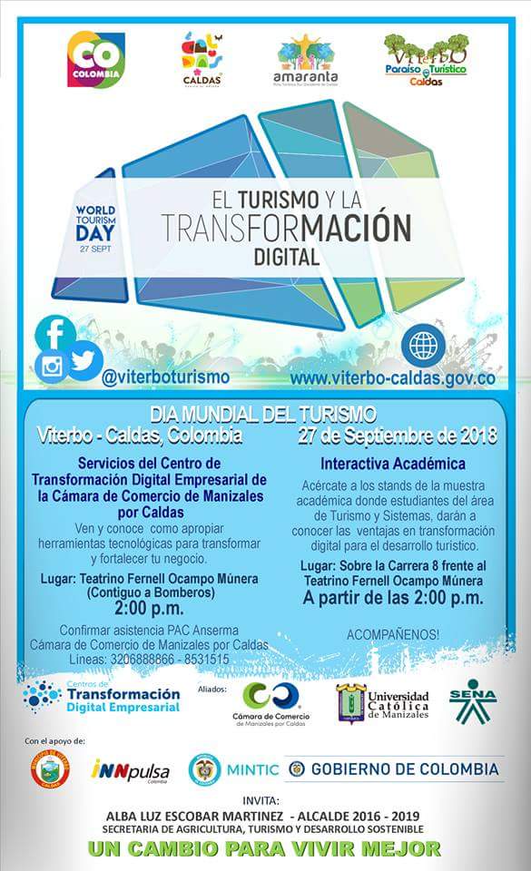 Viterboturismo's tweet photo. Invitados a celebrar el #WTD2018 #WorldTourismDay  27 de septiembre en Viterbo Caldas Colombia. #transformaciondigital @GoberCaldas @CotelcoCaldas @AnatoNacional @Cotelcolombia @fonturcol @Calidad_Turismo @MincomercioCo @Ministerio_TIC @CCManizales @SENAComunica @AsdeguiasCaldas https://t.co/BODeI0E663