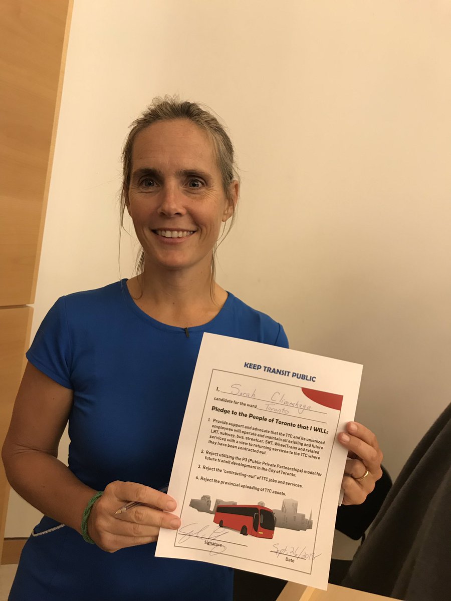 bconnolly00's tweet photo. Thanks @SarahforMayorTO for signing @atu_canada @ATUlocal113 @keeptransitpub pledge to reject use of P3โs, privatization & contracting out of #TTC services
#transitdebateTO #onpoli #Toronto #TOpoli #DougFord #JohnTory #HandsOffTTC #Scarborough #ScarbTO #Subway #KeepTransitPublic https://t.co/eMalNZiWkr