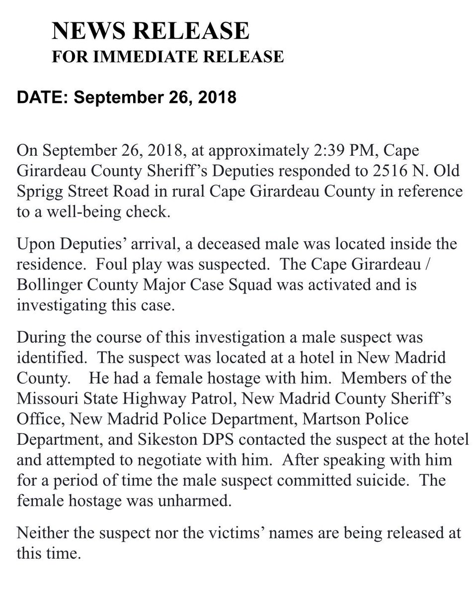 CapePolice's tweet photo. Cape Girardeau/Bollinger County Major Case Squad News Release re: Sept. 26th homicide in Cape Girardeau County. https://t.co/lp4beeukAn