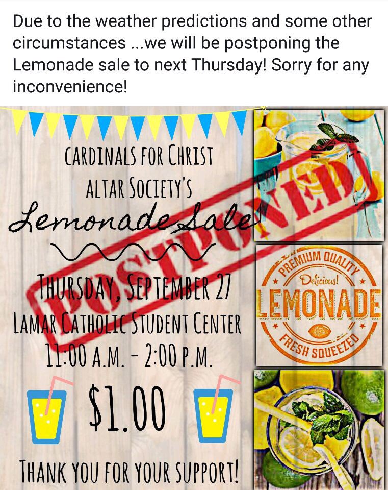 center_lamar's tweet photo. Sad news, the lemonade sale has been postponed to next Thursday https://t.co/4Zokr1NG1v