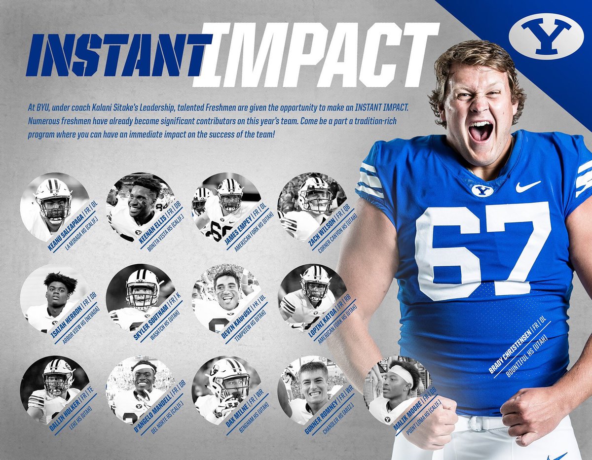 BYUMaximus's tweet photo. Freshman making an impact at BYU Football. #BYUFootball #BYUFB2018 

#KeanuSaleapaga
#KeenanEllis
#JamesEmpey
#ZachWilson
 #IsaiahHerron
#SkylerSoutham
#DevinKaufusi
#LopiniKatoa
#DallinHolker
#DAngeloMandell
#DaxMilne
#GunnerRomney
#MalikMoore https://t.co/kjHbvzw3BC