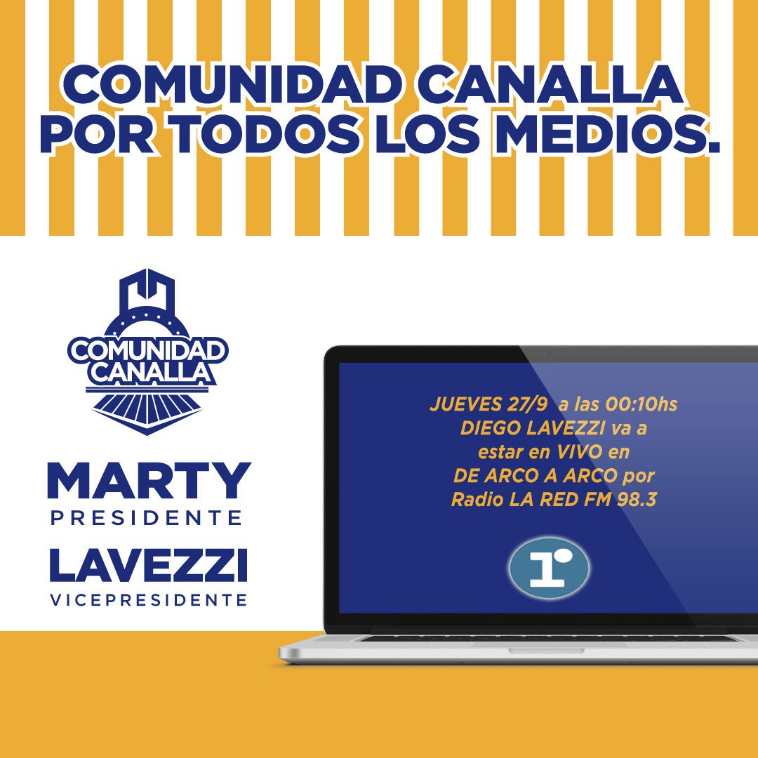 ComCanallaOk's tweet photo. En minutos nuestros candidatos estarán en los siguientes medios, para terminar el día:

Diego Lavezzi en Arco a Arco, en La Red, FM 98.3
Hernán Marty en LT3, AM 680.

#ComunidadCanalla 
#VamosPorLaGloria 
#RosarioCentral https://t.co/iphcm2ZrXE