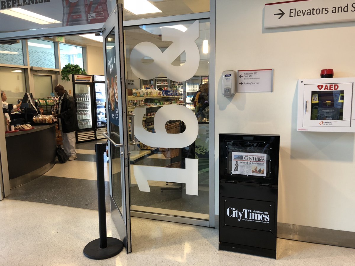 nicolevargas's tweet photo. As if the delivery of the @SDCityTimes first print edition yesterday wasn't enough, today's brought NEW newsstands! Ten shiny, all-black newsstands are now dotting the @sdcitycollege campus. Thanks to the amazing Francisco and Eddie in receiving for making the magic happen! https://t.co/2GbuXrR3FA