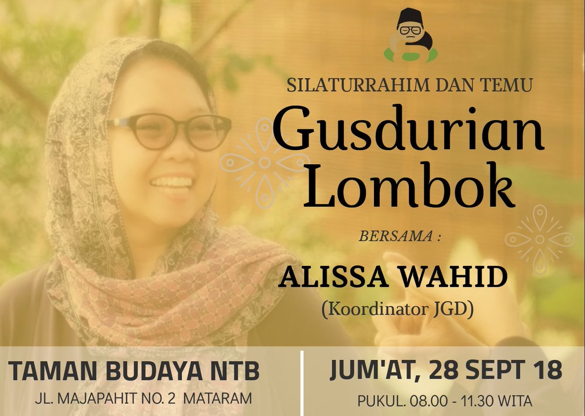 Menunggu kedatangan mbak <a href="/AlissaWahid/">Alissa Wahid</a> di acara Silaturrahim Dan Temu Regional Gusdurian Lombok.

Mbak Alissa akan bicara Gusdur dan Kemanusiaan, NO Pilpres ya!! Urusan Pilpres-pilpresan silakan merapat ke Mbak <a href="/yennywahid/">Yenny Zannuba Wahid</a> :)