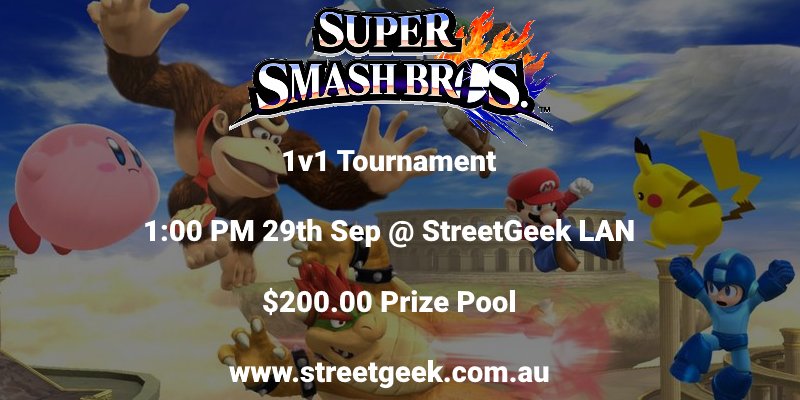 StreetGeekLan's tweet photo. Our Smash Wii U 1v1 Tournament will be kicking off on Saturday, with a massive $200.00 prize pool up for grabs! Find out more at https://t.co/h2wEXKYNh8 #supersmashbros #nintendo #mario #smashbros https://t.co/MwXZzDKiIb