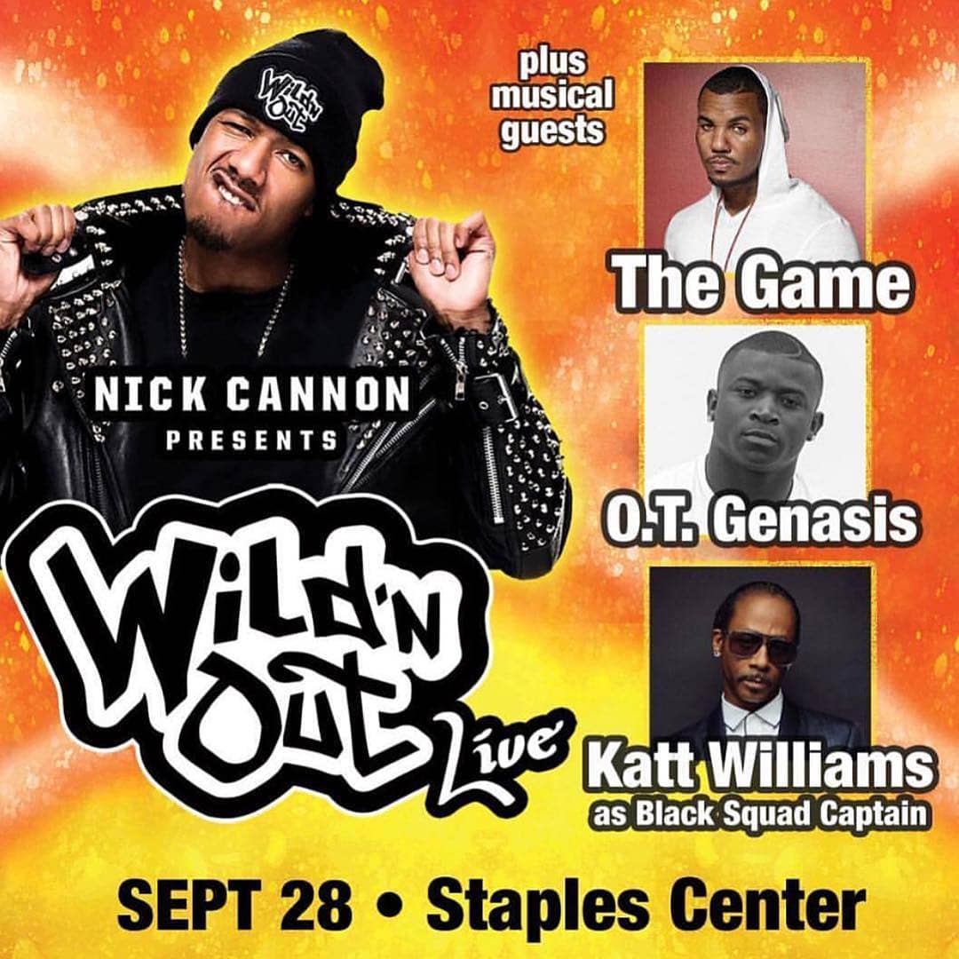 Suice's tweet image. Waddup #Cali #WildNOutTour coming to @STAPLESCenter w/ #MusicalGuest @thegame &amp;amp; @otgenasis w/ @KattPackAllDay as #BlackSquad Captain! Get your tickets NOW #ClickTheLink👉 nickcannonwildnoutlive.com #HipHop #Comedy #lol #Improve #TheGame #otgenasis
