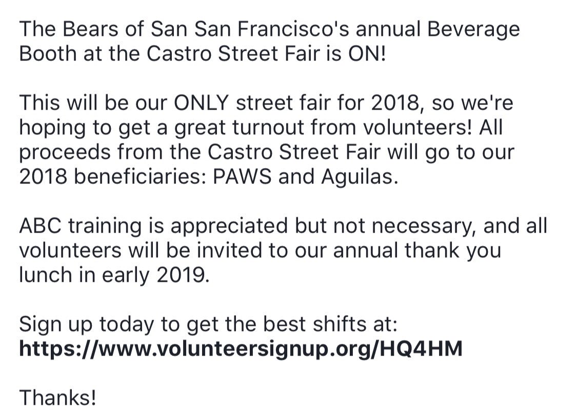 BearsofSF's tweet photo. VOLUNTEERS NEED! If you have the time to help BOSF at the Castro Street Fair we and our beneficiaries would be forever greatful. https://t.co/P4h4NEAhHt https://t.co/peGeNH43Wr