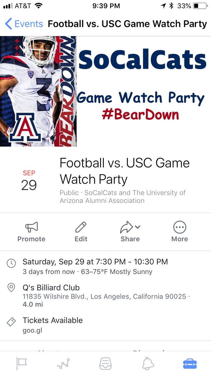 arizonaalumniLA's tweet photo. Game watch party for @ArizonaFBall vs USC this Saturday at @QsBilliards. #BearDown #SoCalCats #WildcatForLife https://t.co/dwrwtTbpoR