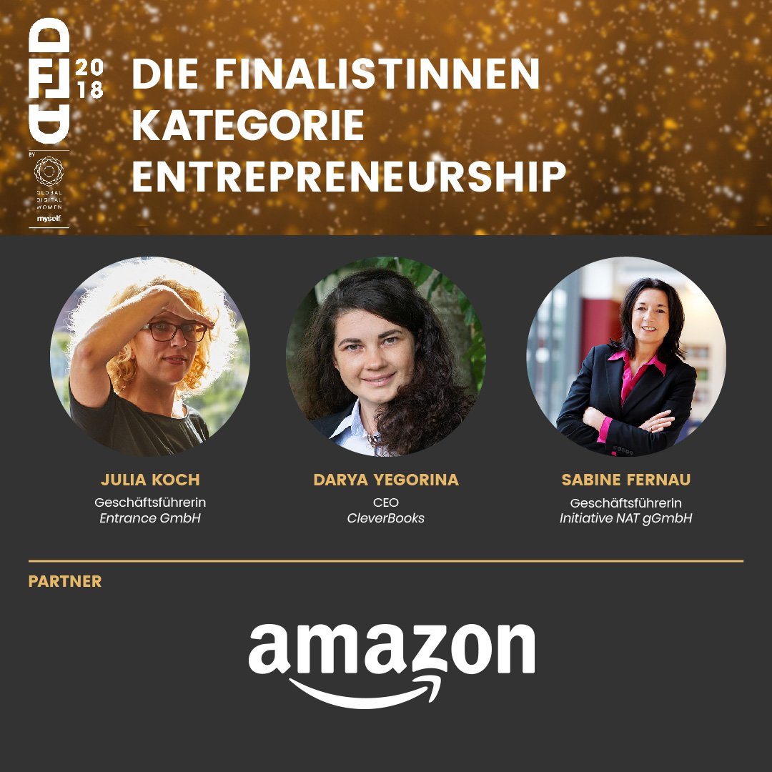 Hier kommen die Finalistinnen des „Digital Female Leader Award" in der Kategorie „Entrepreneurship" 🎉 Wir bedanken uns bei <a href="/amazonDE/">Amazon.de</a> für die freundliche Unterstützung. Mehr Informationen gibt's hier >>> bit.ly/2NTbzKo #congrats #dfla18 #turnthedigitalon <a href="/gd_women/">Global Digital Women</a>