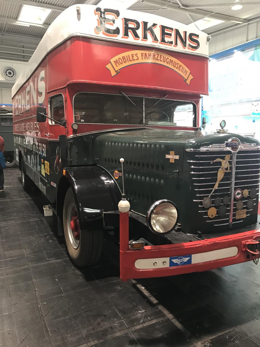 A historic Bussing truck looking splendid @iaa_nfz. Built in 1931 &amp; repowered with a <a href="/Cummins/">Cummins Inc.</a> 165 hp diesel in the 1960s, proudly adorned with the famous black &amp; gold cross #Cummins logo on side of the bonnet.